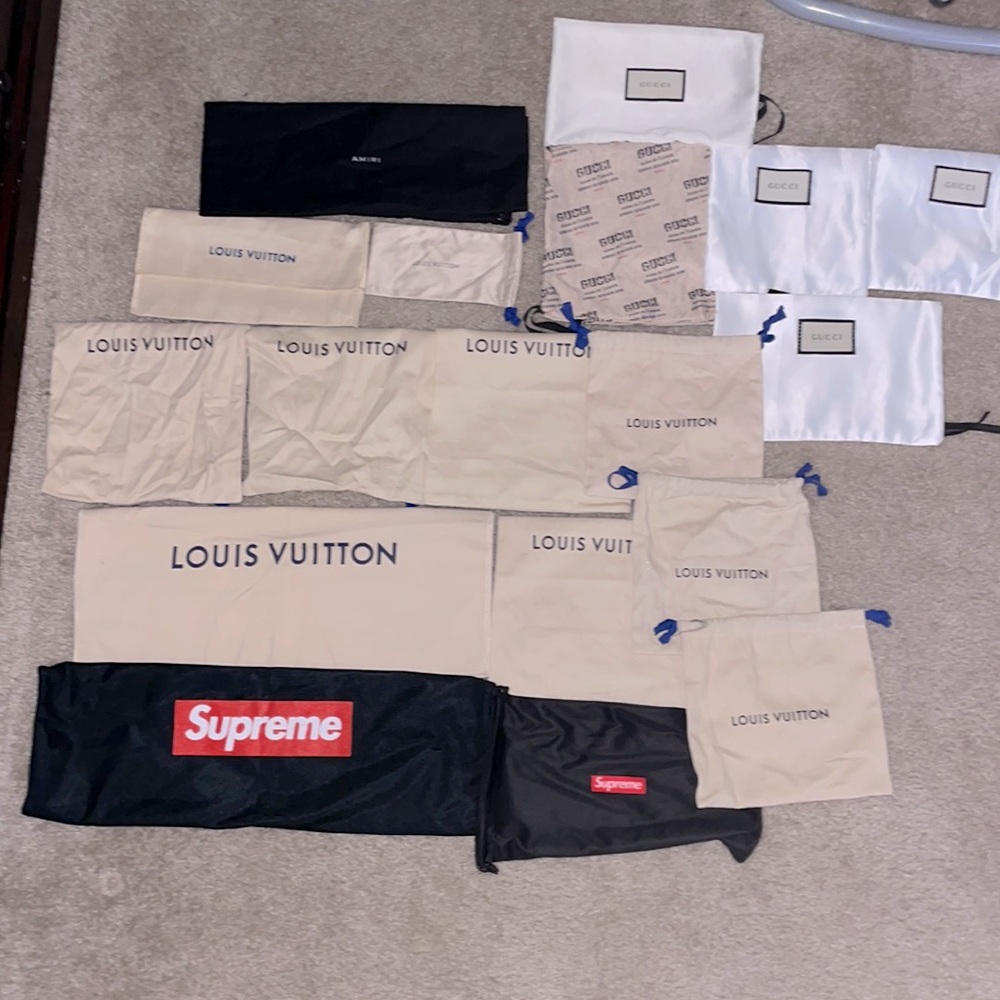 1 amiri, 5 Gucci, 10 Louis Vuitton and 2 supreme dust bags